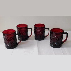 Vintage 1990s Ruby Red Glass Set of 4 Handled Coffee Mugs 8 Oz Arcoroc Luminarc